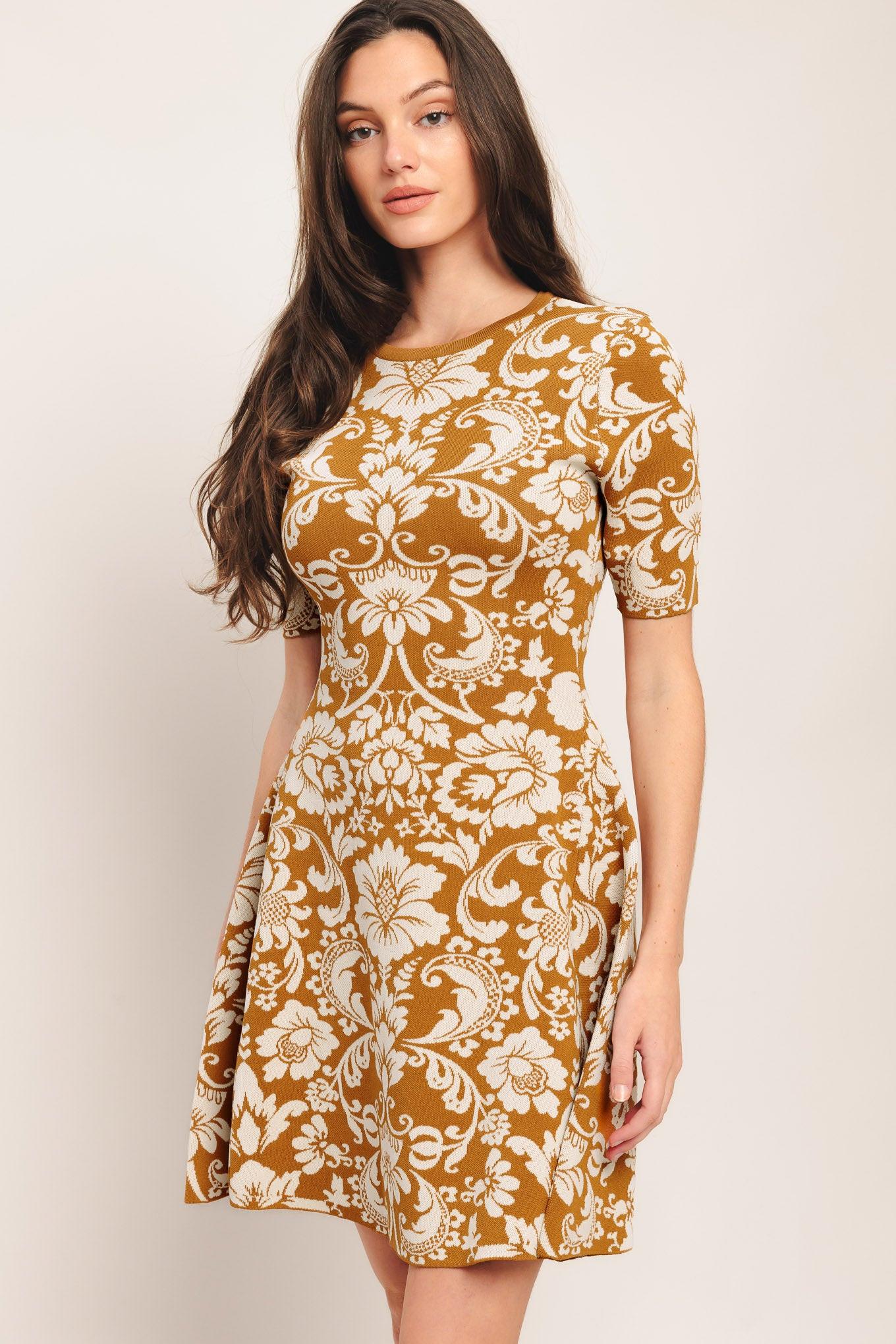 Amber Bloom Sweater Knit Mini Dress in ivory taupe, view 5 — Soul Flow Apparel