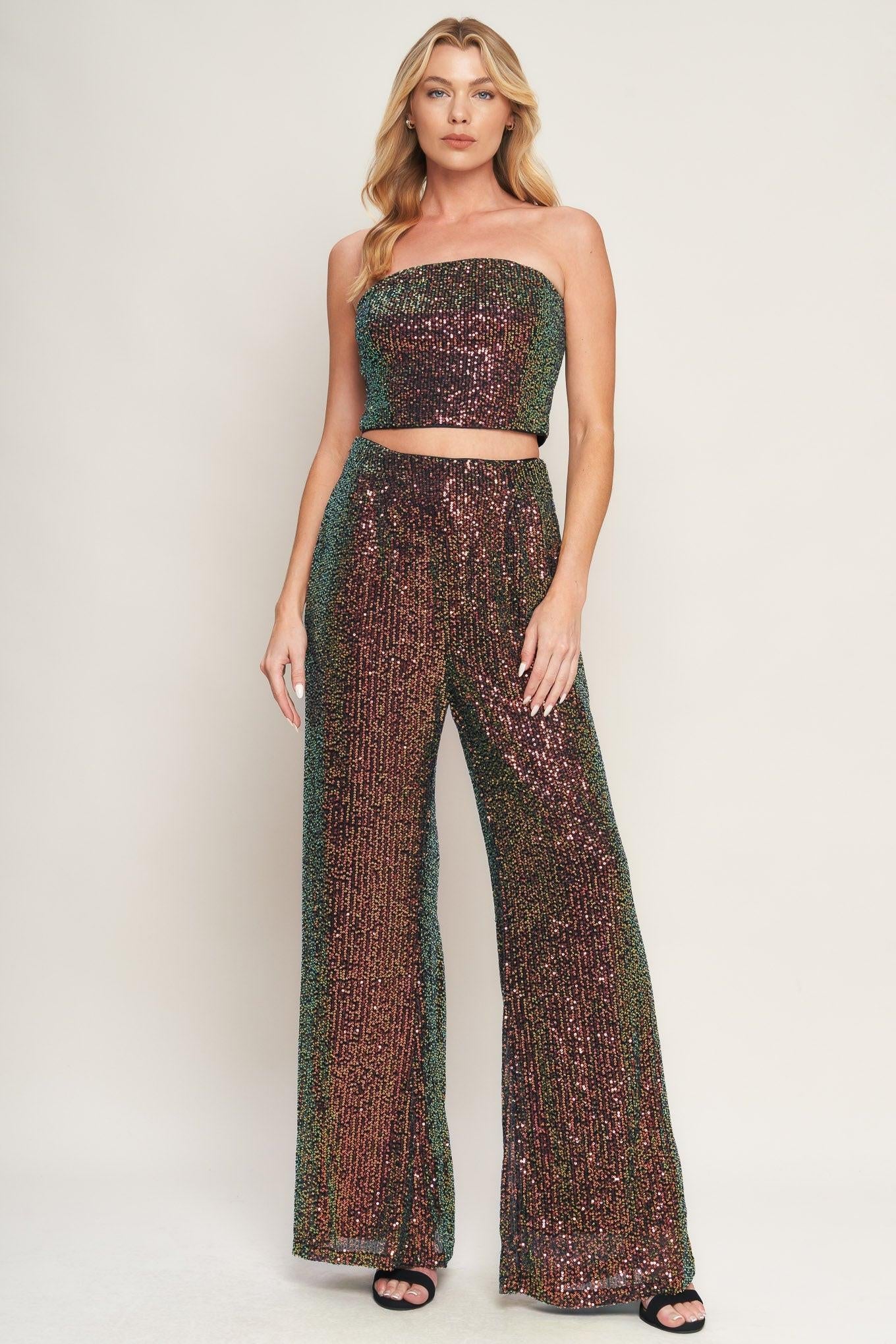 Charming Composure Sequin Top and Bottom Set in black multi, view 1 — Soul Flow Apparel