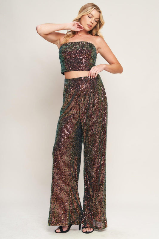 Charming Composure Sequin Top and Bottom Set in black multi, view 2 — Soul Flow Apparel