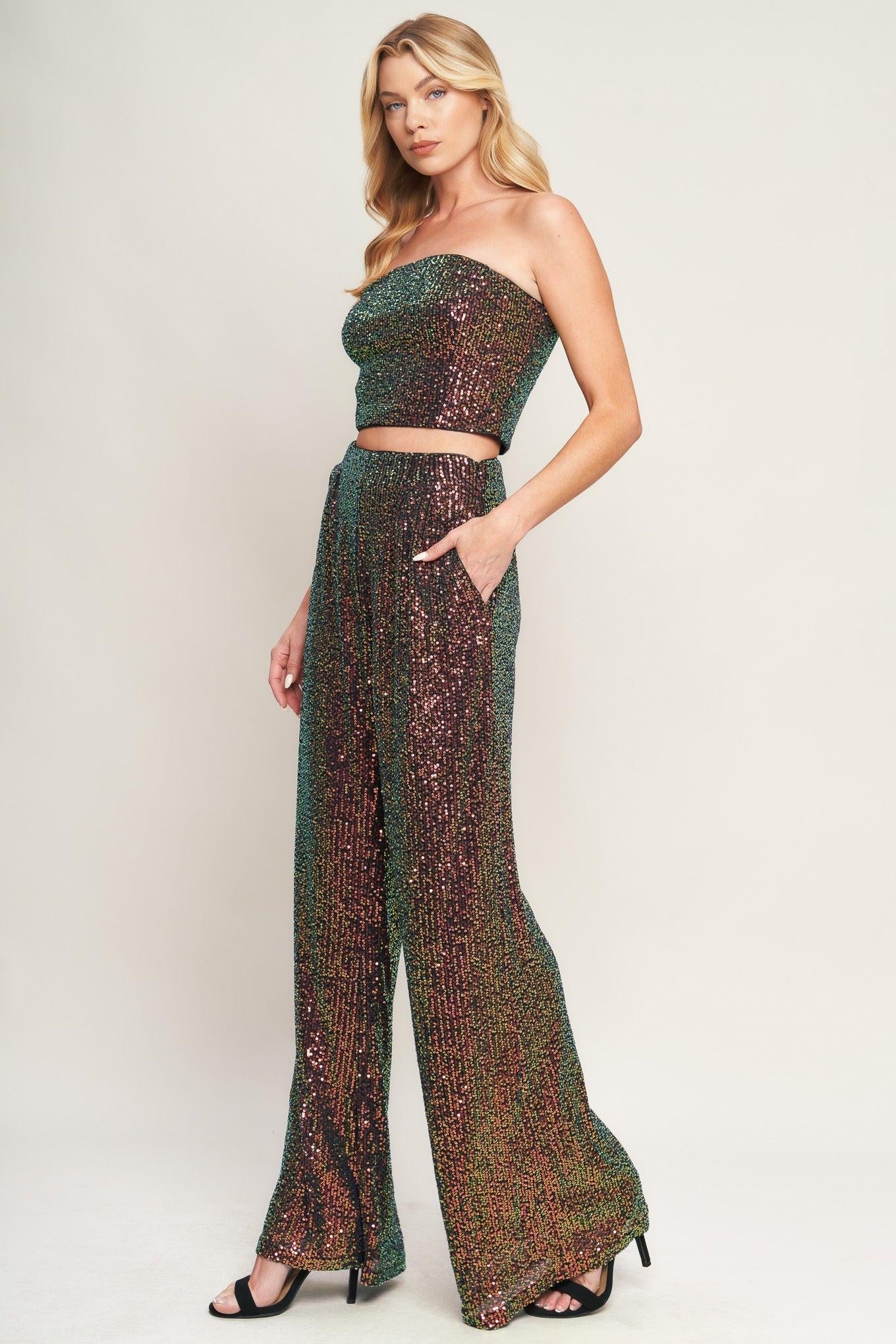 Charming Composure Sequin Top and Bottom Set in black multi, view 4 — Soul Flow Apparel