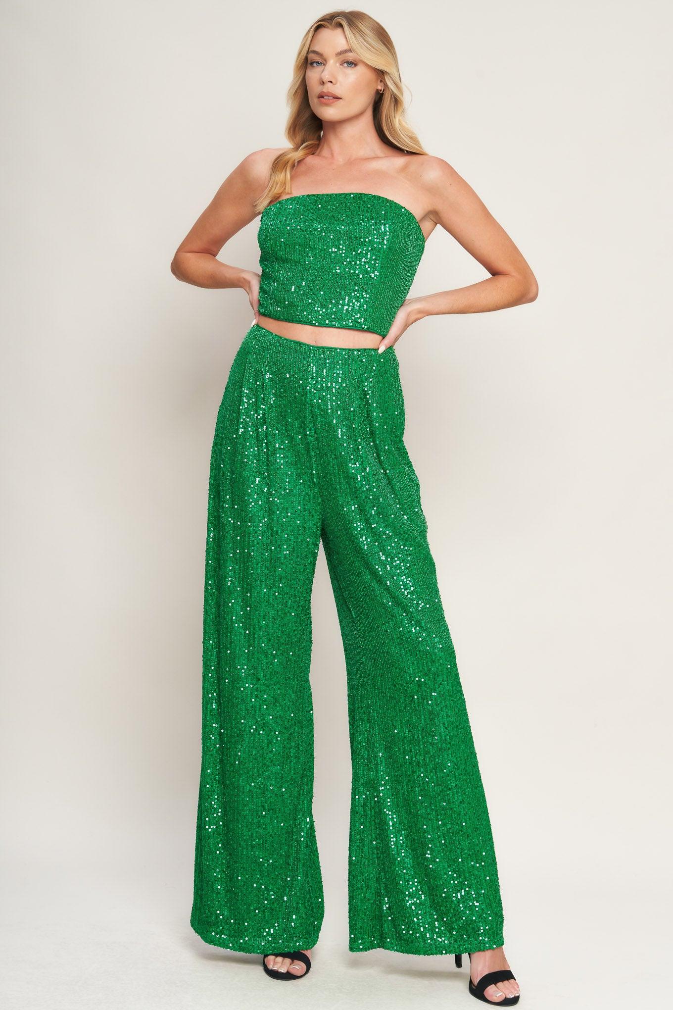Charming Composure Sequin Top and Bottom Set in green, view 2 — Soul Flow Apparel