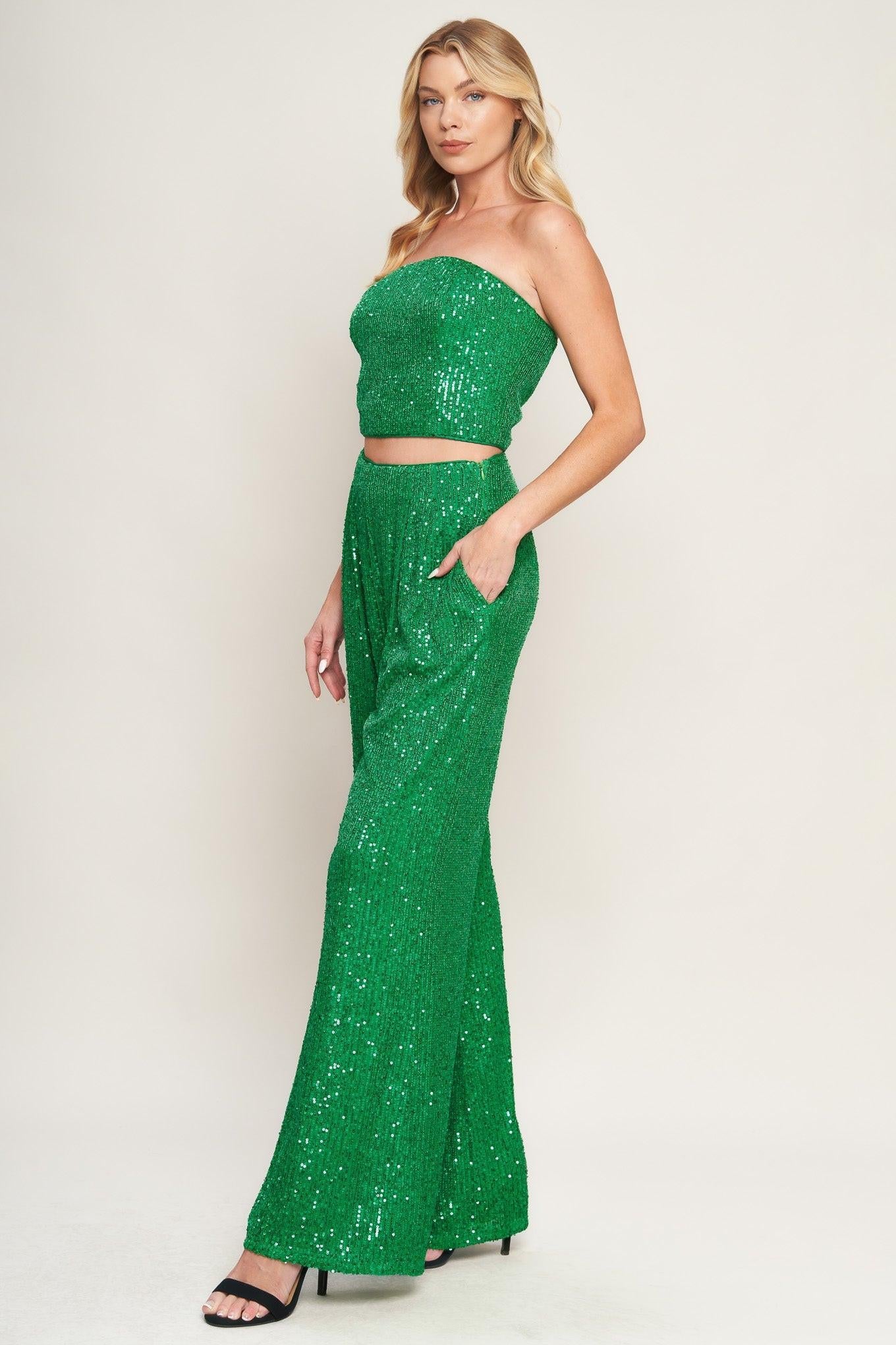 Charming Composure Sequin Top and Bottom Set in green, view 4 — Soul Flow Apparel