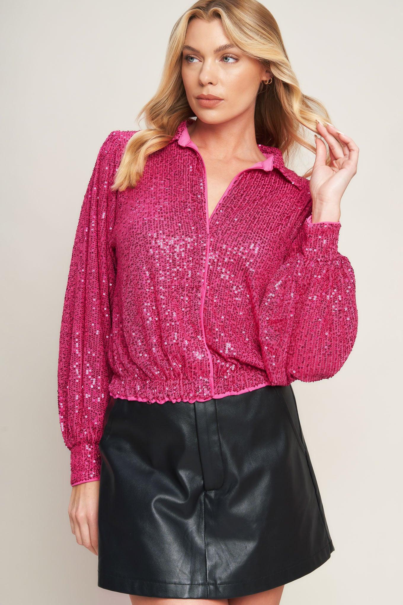 Freedom Calls Sequin Top in fuchsia, view 5 — Soul Flow Apparel