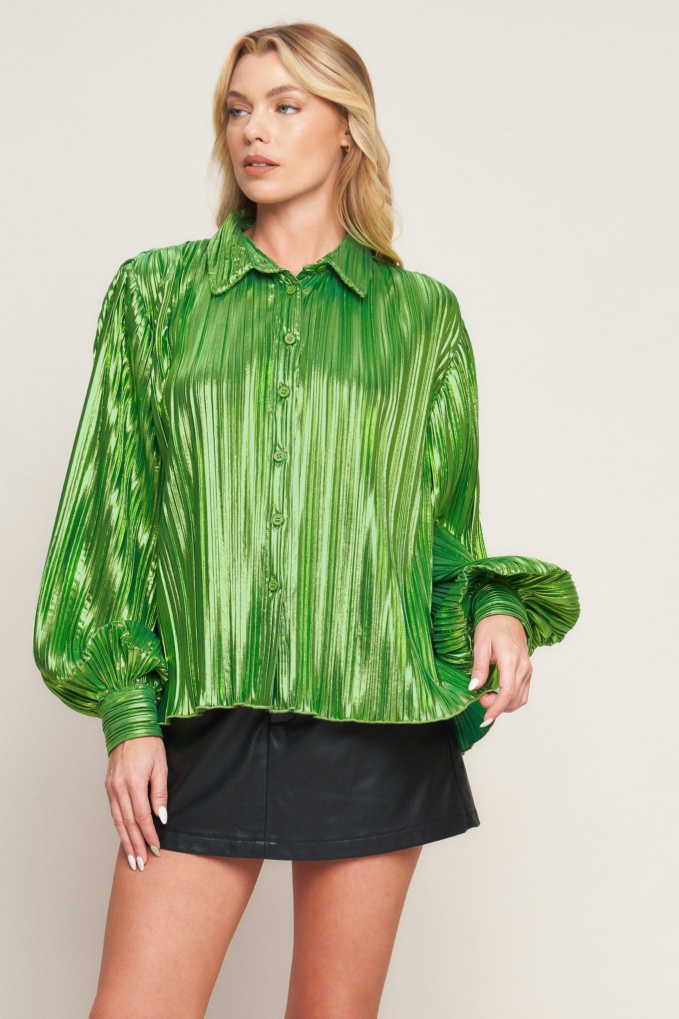 Runway Trend Foiled Top in yellow green, view 1 — Soul Flow Apparel