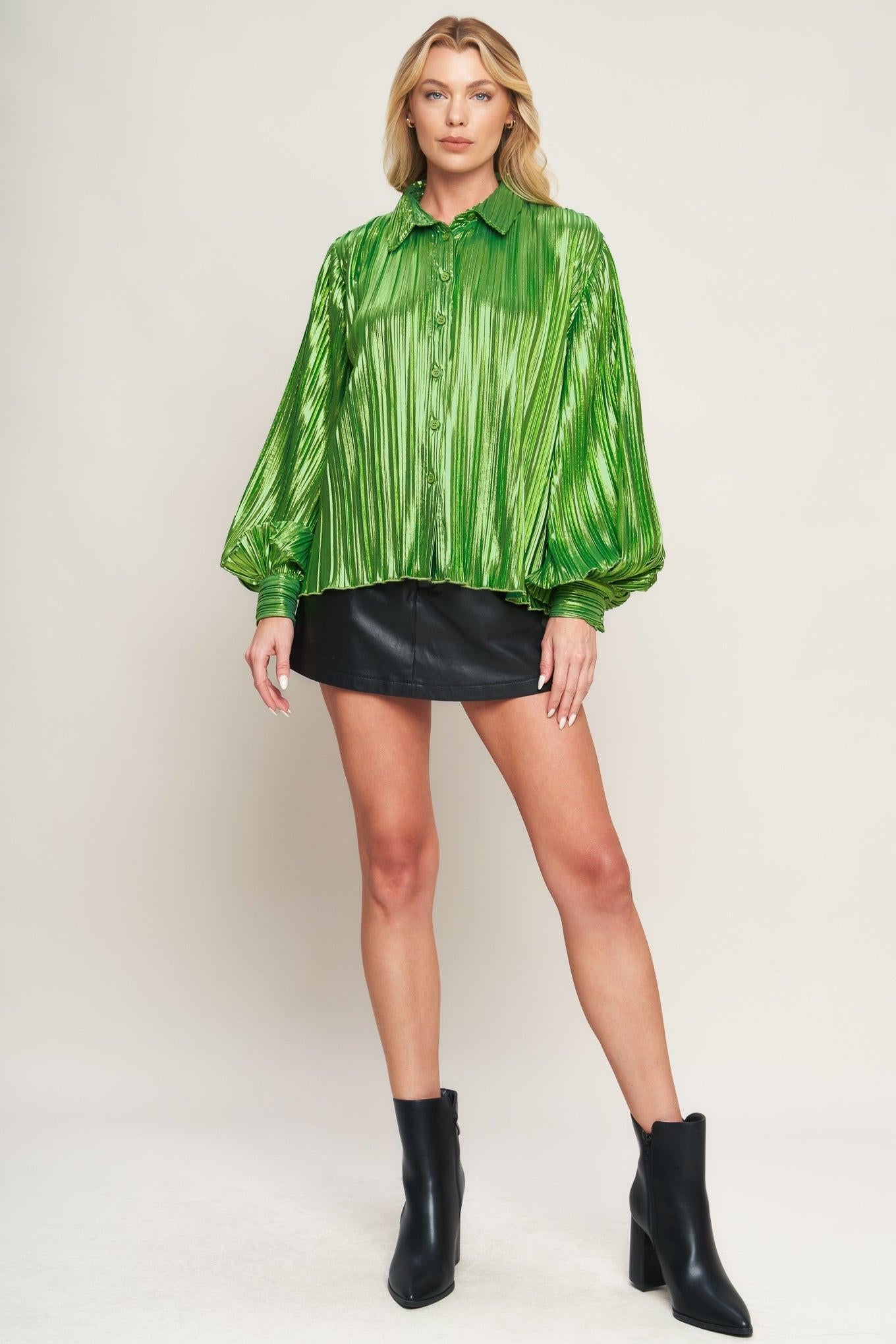 Runway Trend Foiled Top in yellow green, view 3 — Soul Flow Apparel