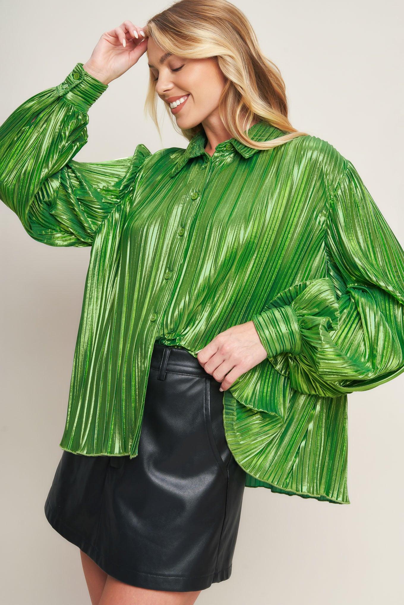 Runway Trend Foiled Top in yellow green, view 6 — Soul Flow Apparel