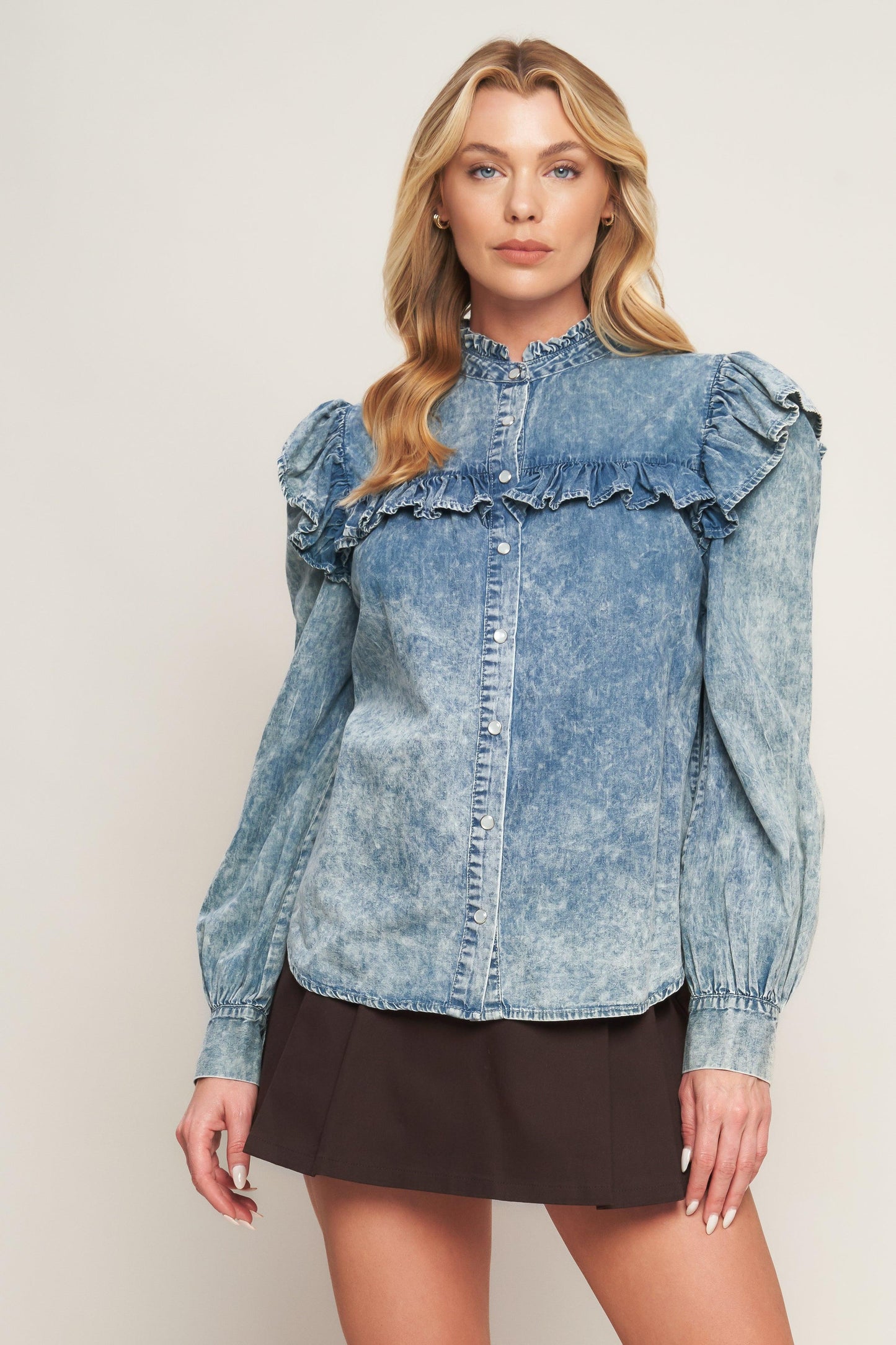 Western Chic Denim Top in chambray, view 1 — Soul Flow Apparel