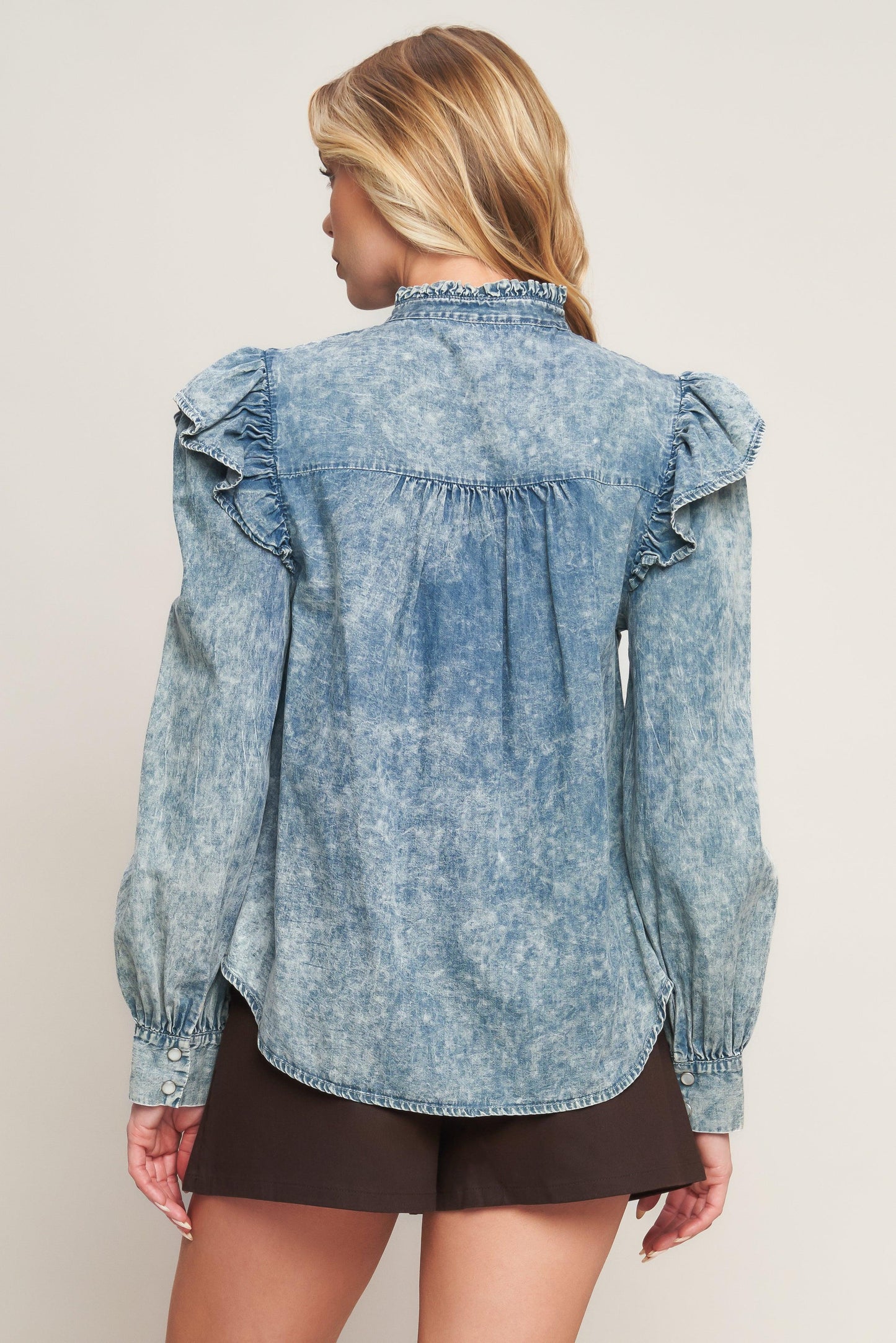 Western Chic Denim Top in chambray, view 5 — Soul Flow Apparel