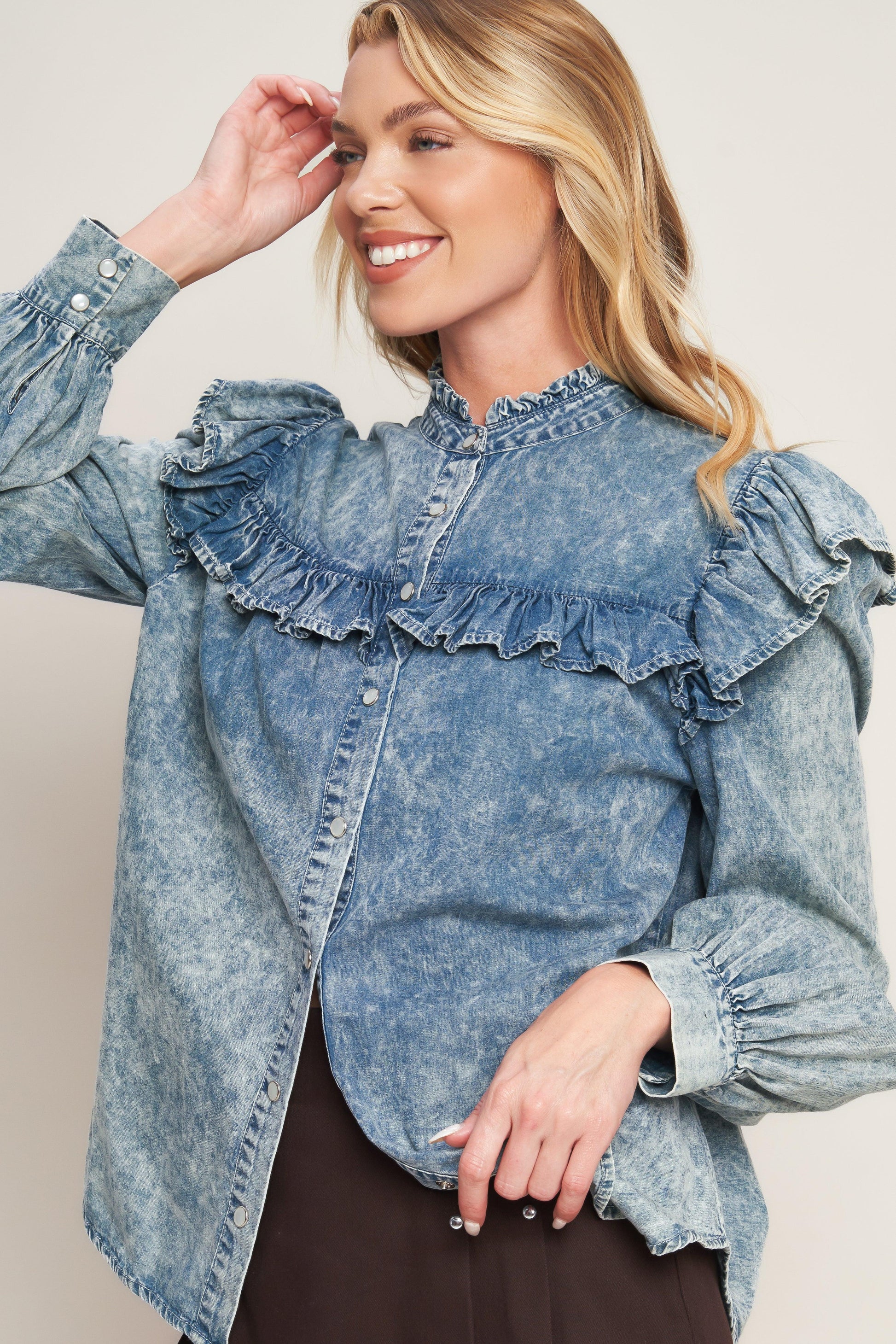 Western Chic Denim Top in chambray, view 6 — Soul Flow Apparel