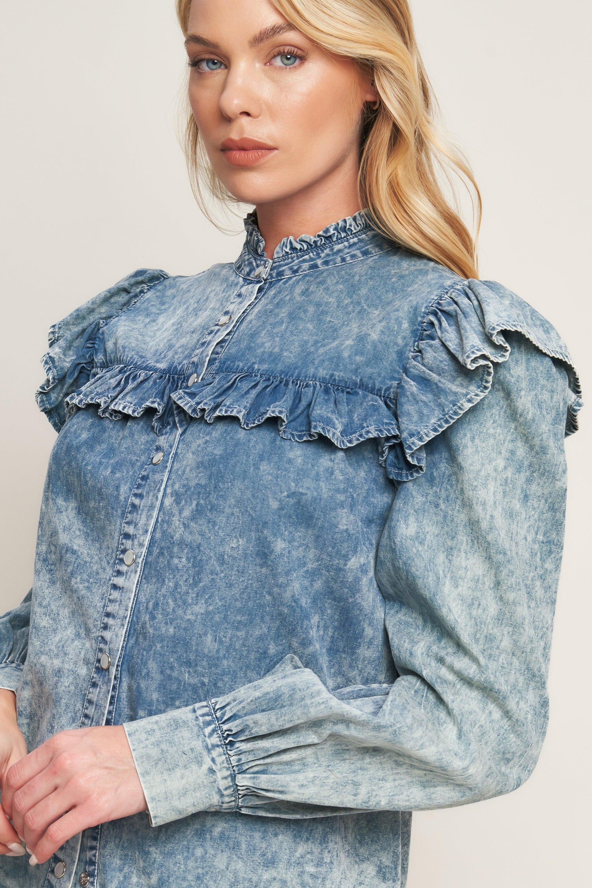 Western Chic Denim Top in chambray, view 7 — Soul Flow Apparel