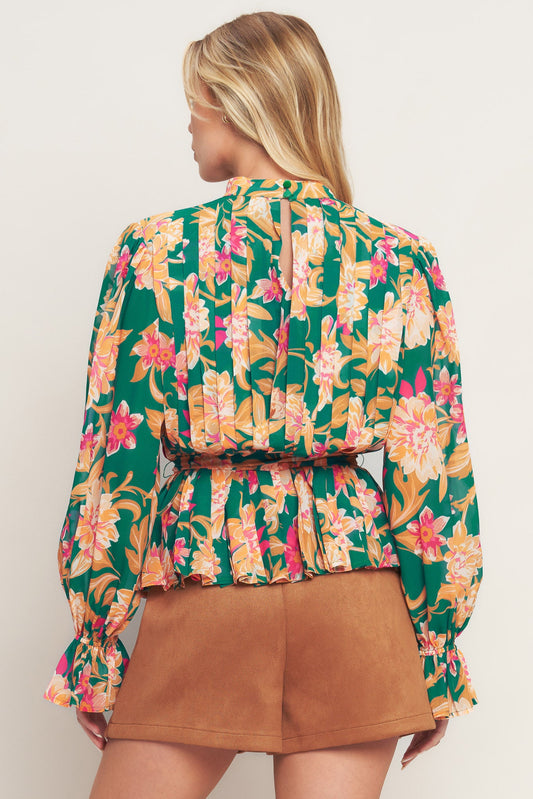 Miss Punctuality Woven Top with Pleated Body Long Sleeve and Ruffled Cuff in teal green, view 4 — Soul Flow Apparel