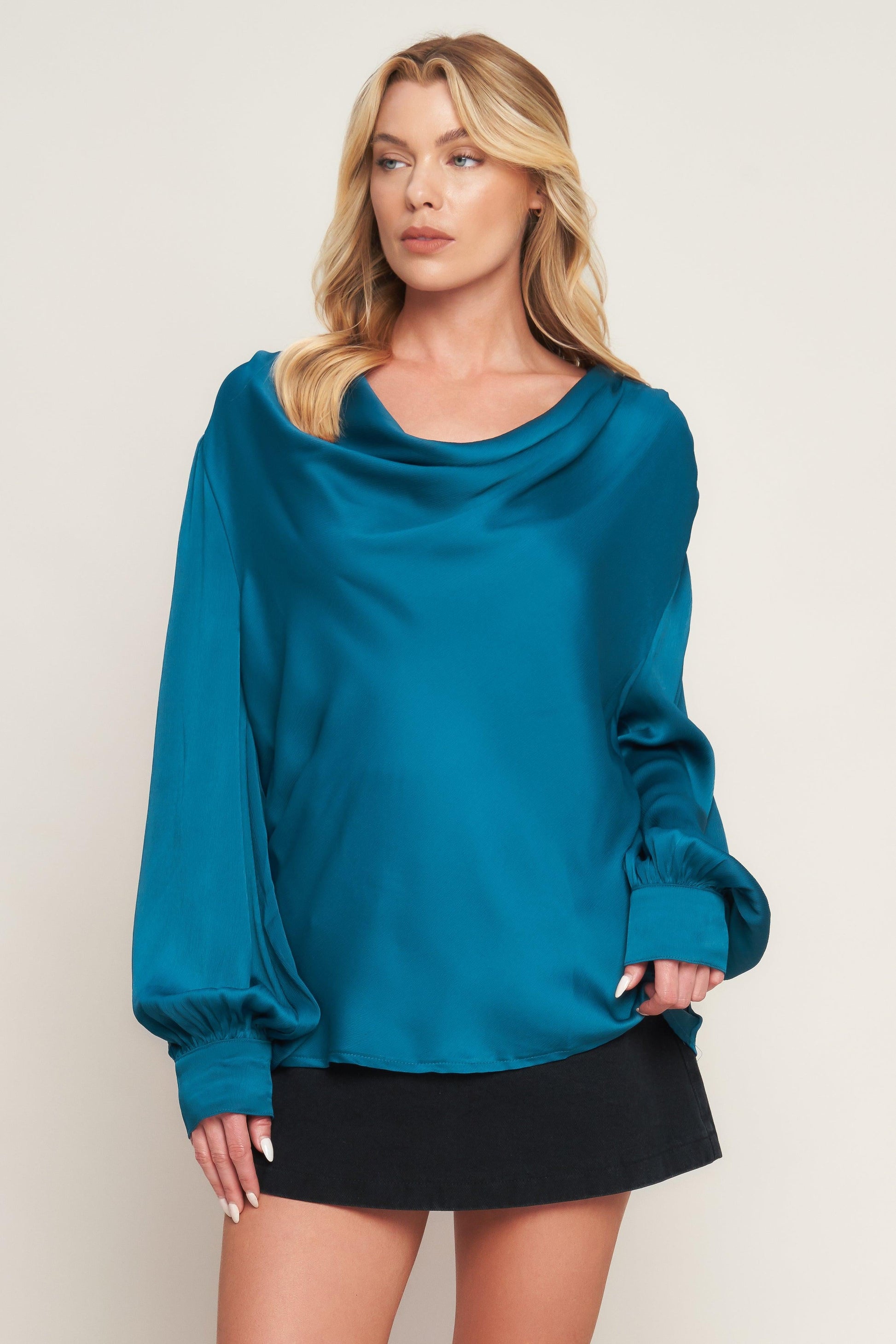 Garden Sensation Satin Top in teal, view 1 — Soul Flow Apparel