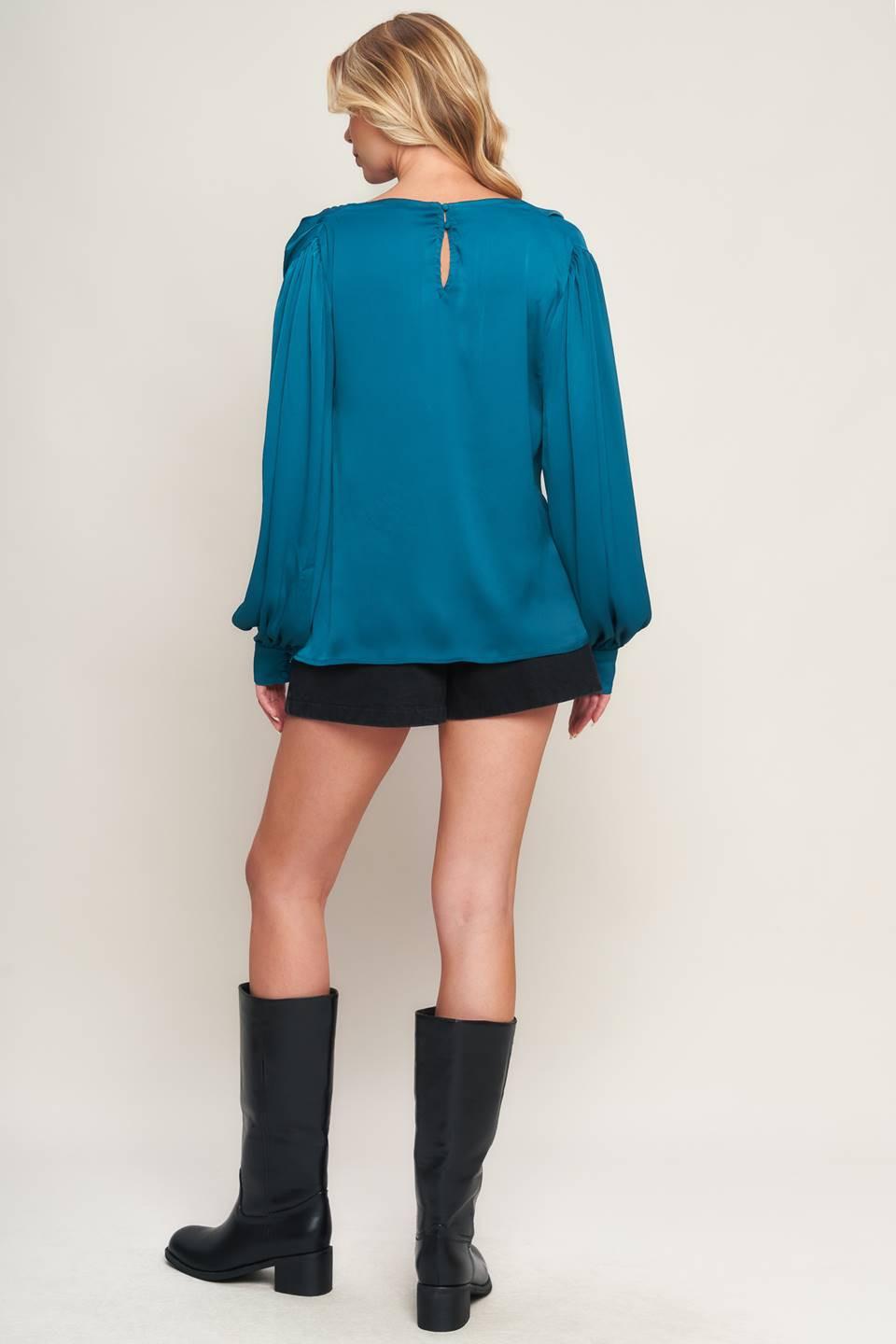 Garden Sensation Satin Top in teal, view 4 — Soul Flow Apparel