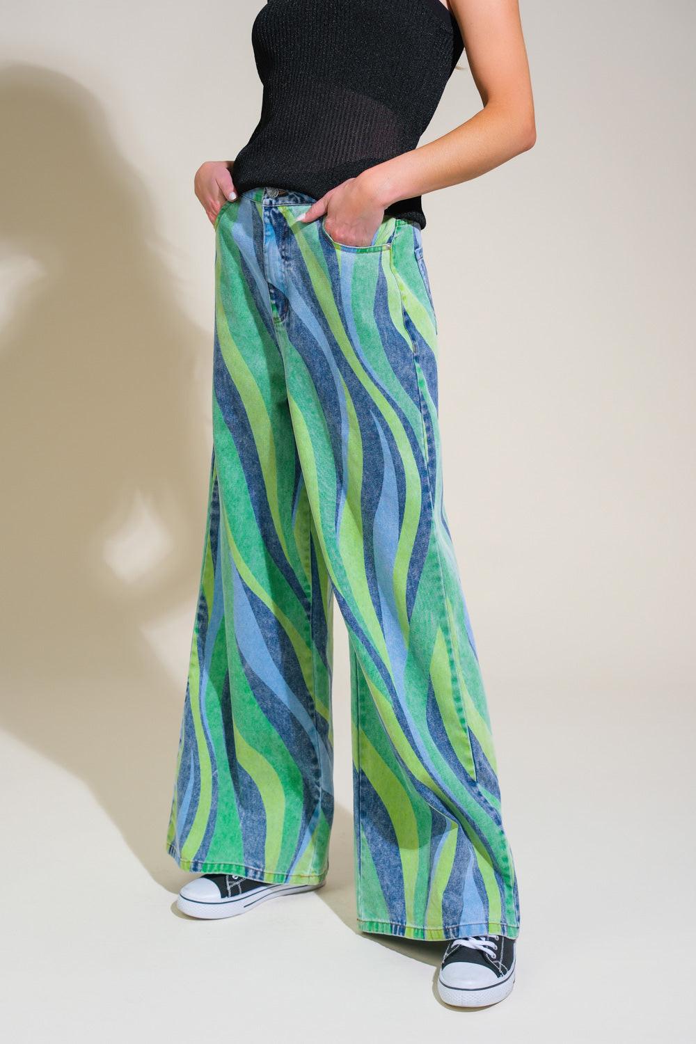 Navigating Life Denim Pants in green blue, view 1 — Soul Flow Apparel