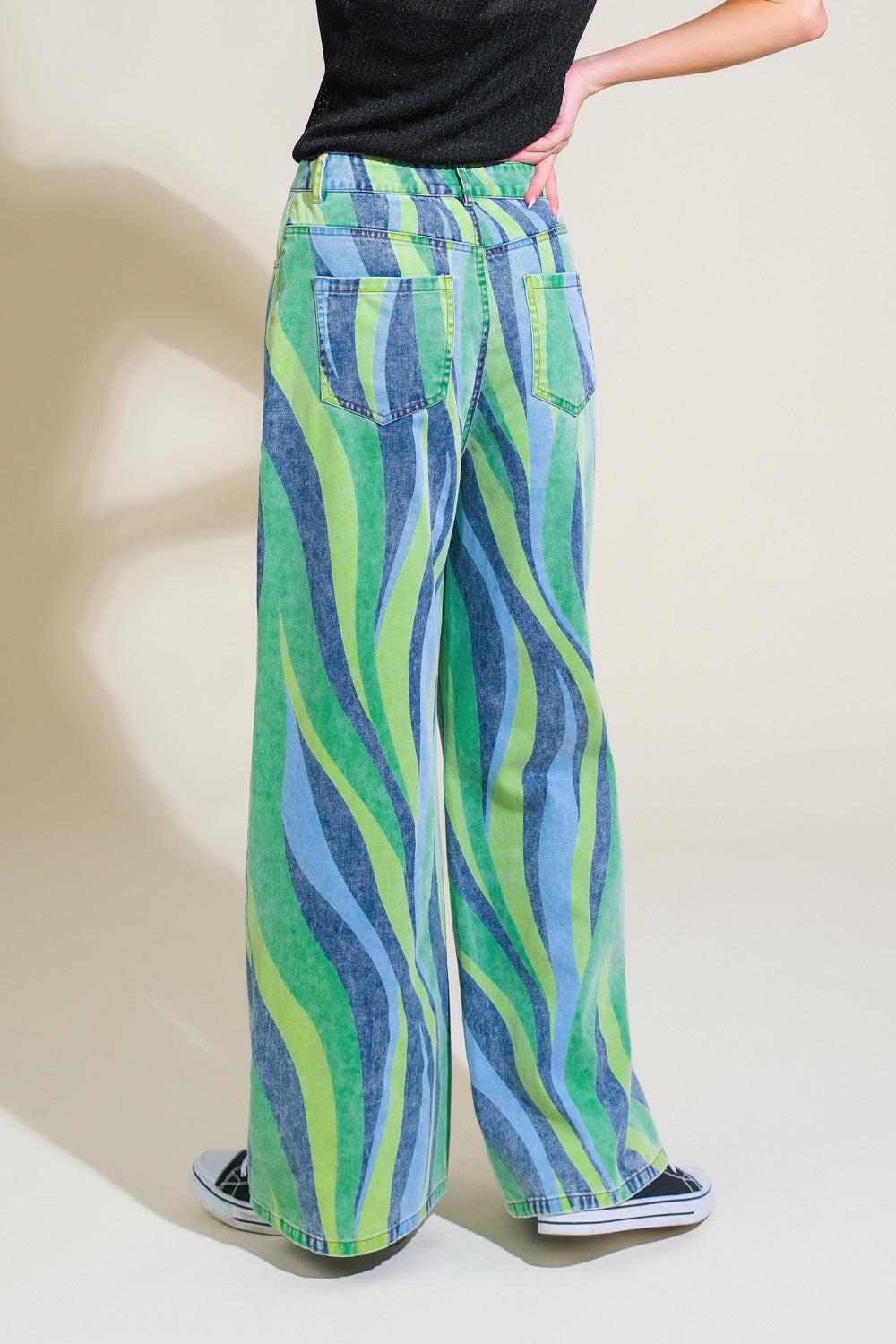 Navigating Life Denim Pants in green blue, view 2 — Soul Flow Apparel