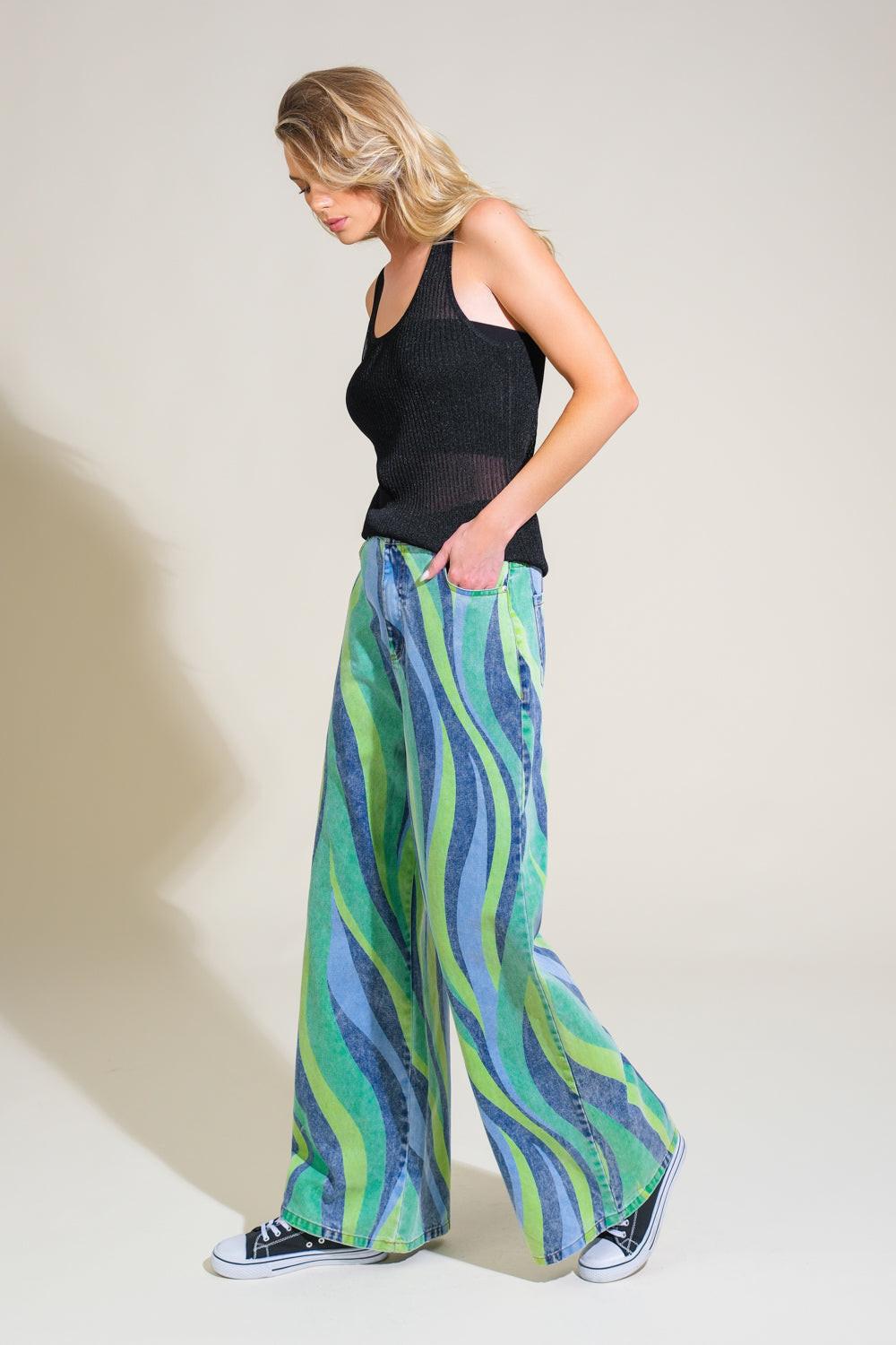 Navigating Life Denim Pants in green blue, view 3 — Soul Flow Apparel