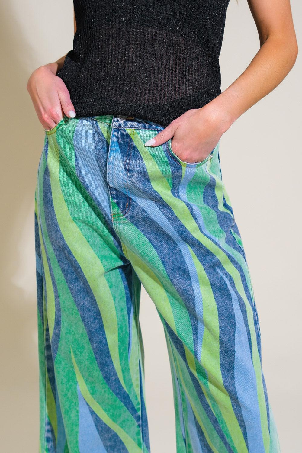 Navigating Life Denim Pants in green blue, view 4 — Soul Flow Apparel