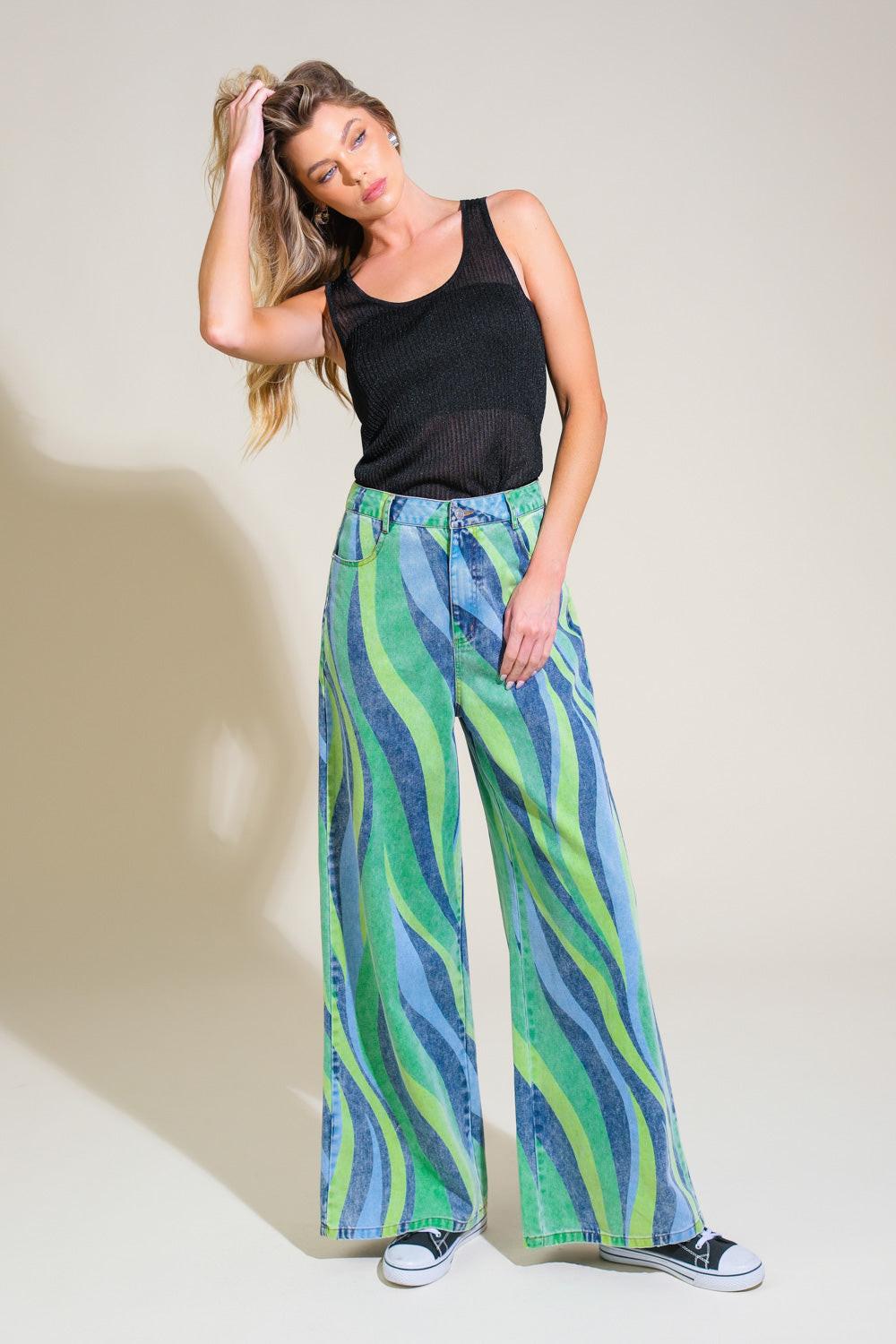 Navigating Life Denim Pants in green blue, view 5 — Soul Flow Apparel