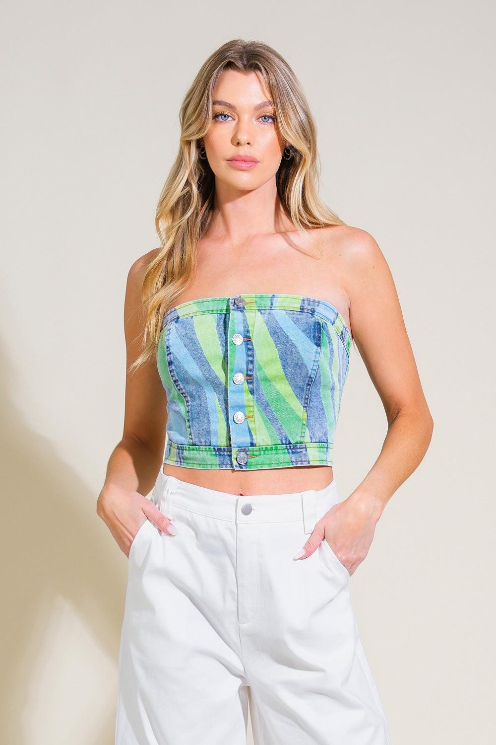 Navigating Life Denim Top in green blue, view 1 — Soul Flow Apparel