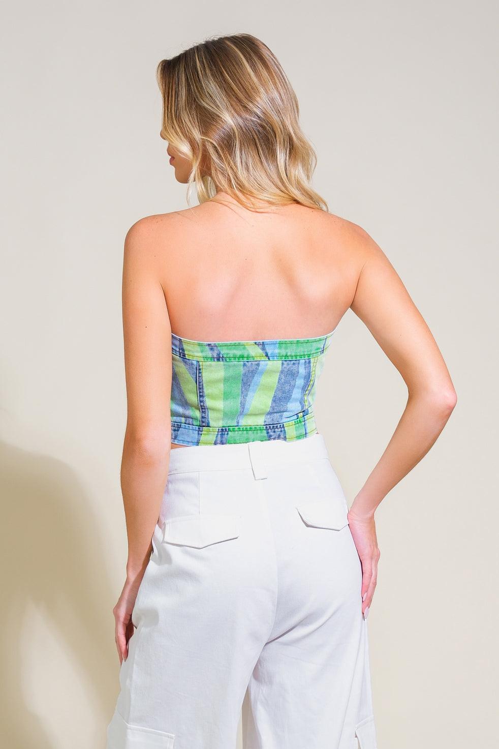 Navigating Life Denim Top in green blue, view 2 — Soul Flow Apparel