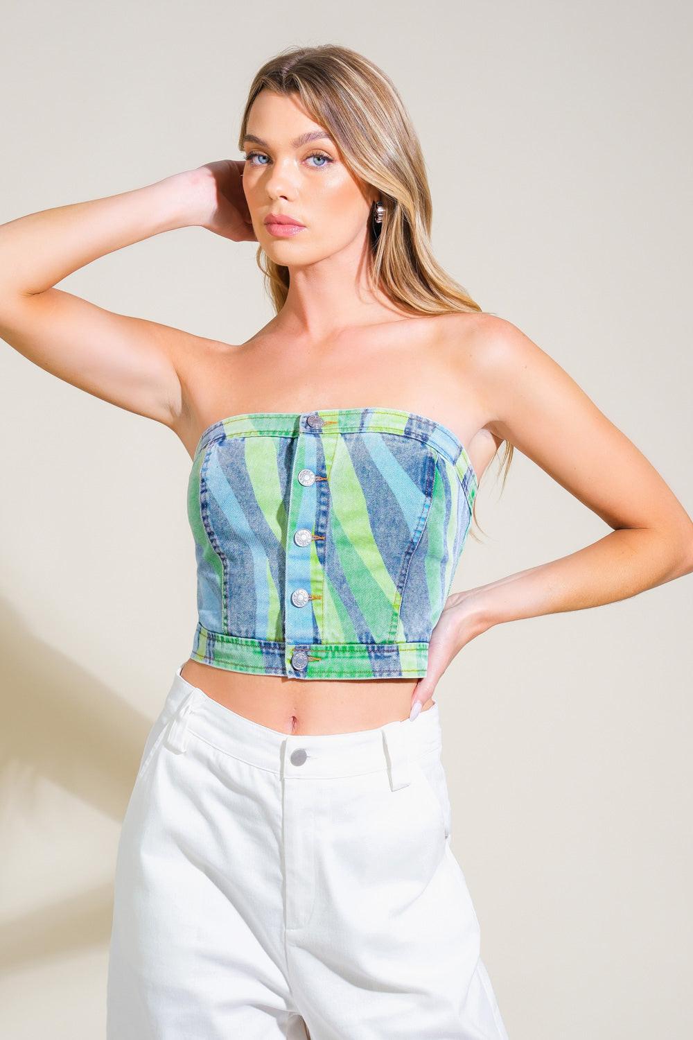 Navigating Life Denim Top in green blue, view 4 — Soul Flow Apparel