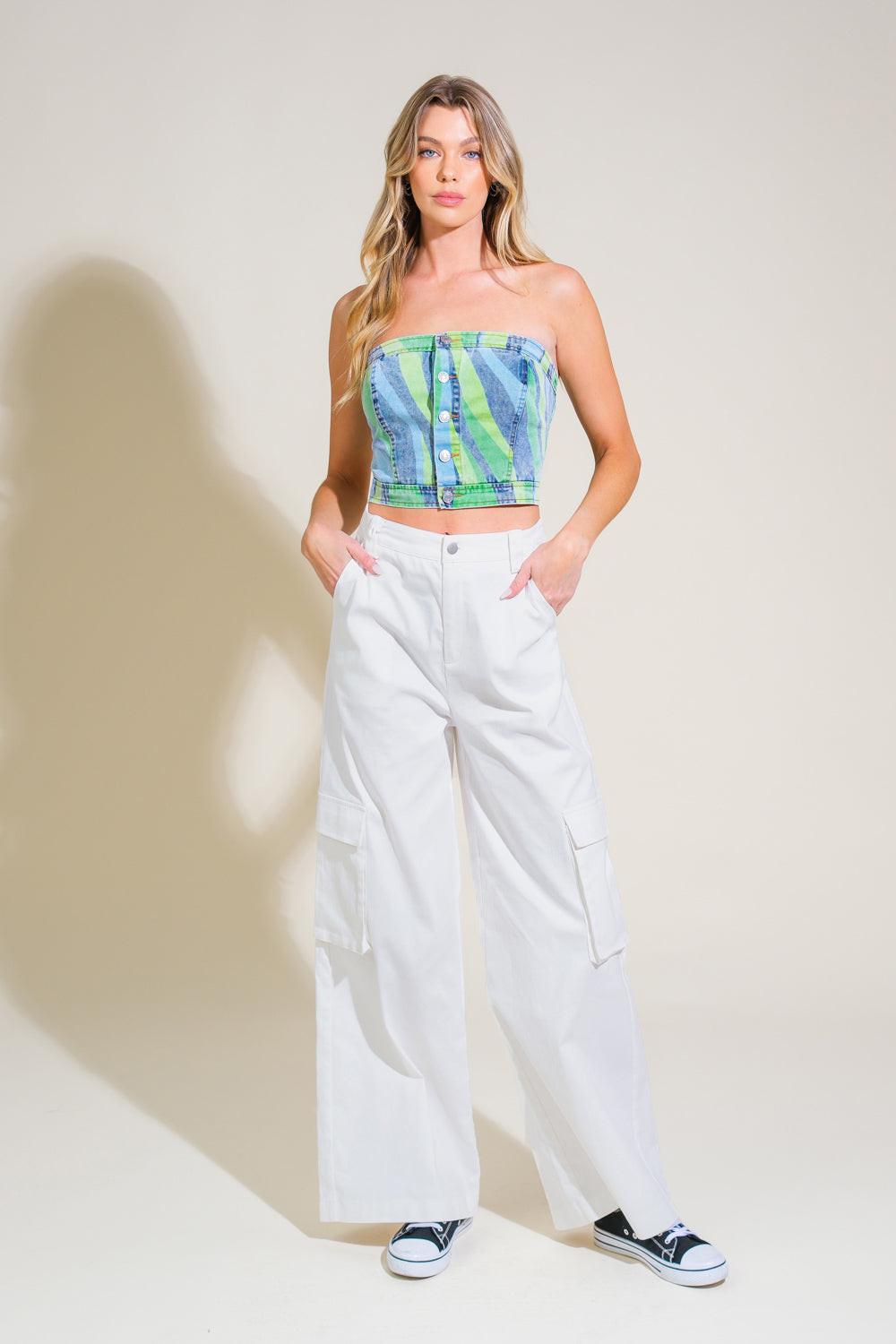 Navigating Life Denim Top in green blue, view 5 — Soul Flow Apparel