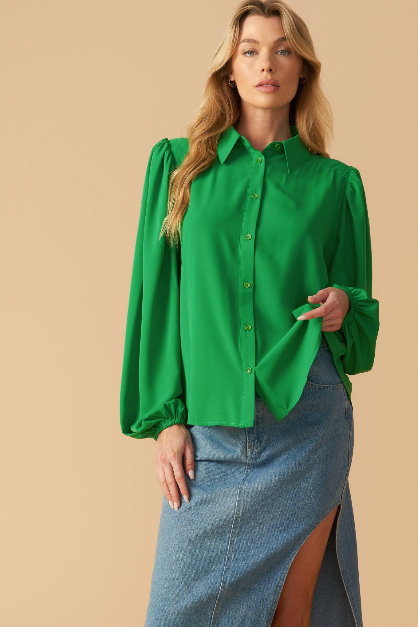 Comfortable Charm Woven Top in green, view 1 — Soul Flow Apparel
