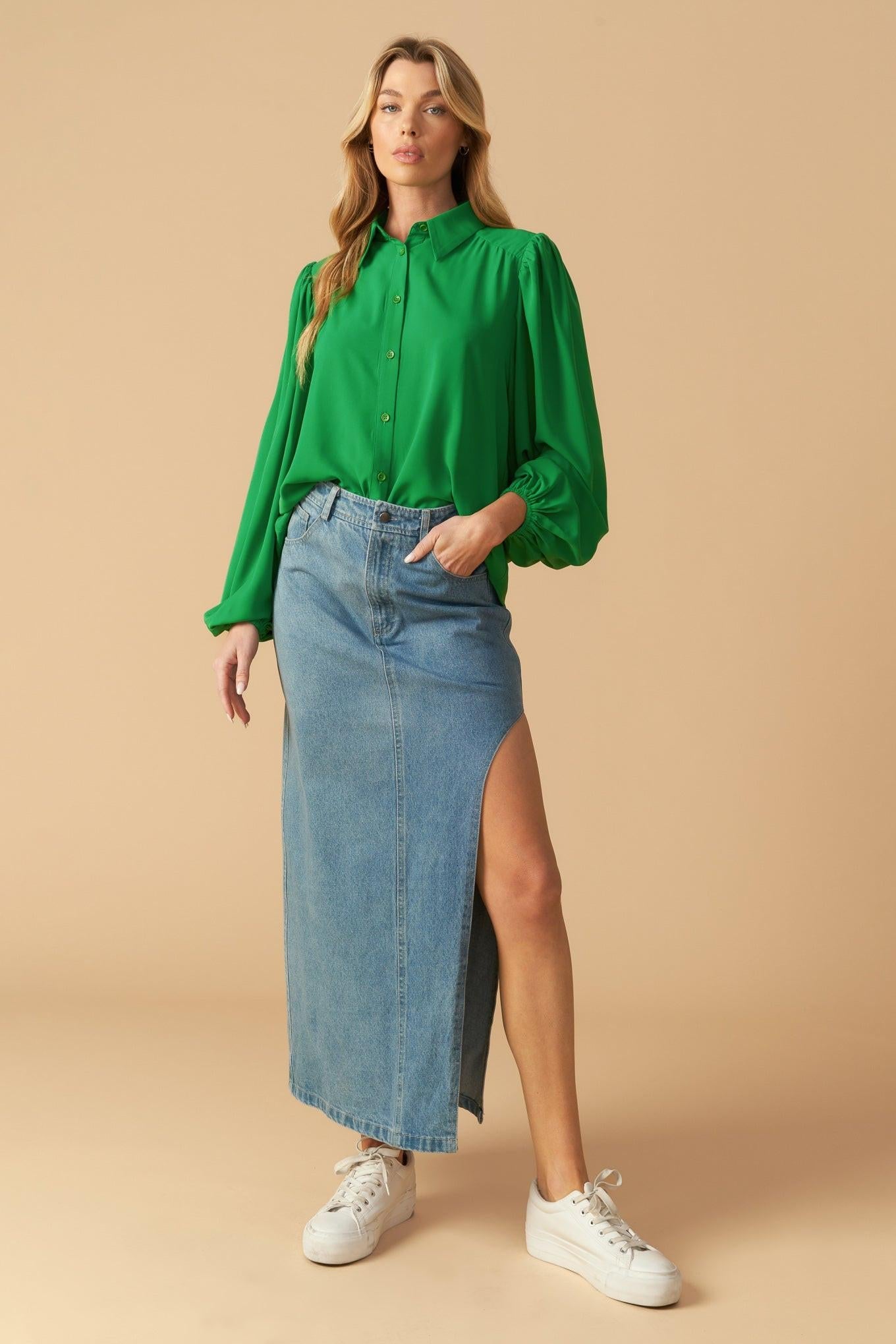 Comfortable Charm Woven Top in green, view 4 — Soul Flow Apparel