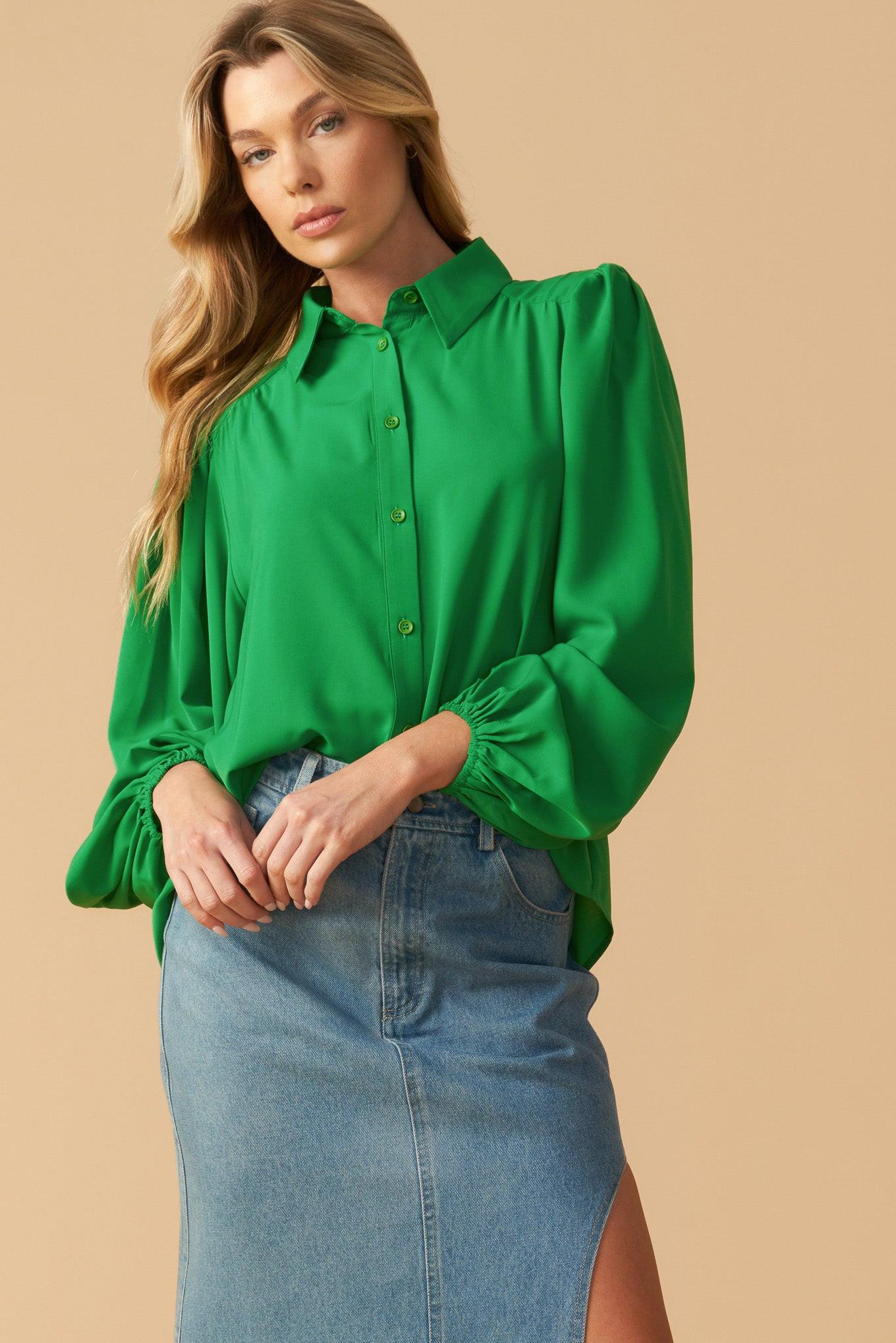Comfortable Charm Woven Top in green, view 5 — Soul Flow Apparel