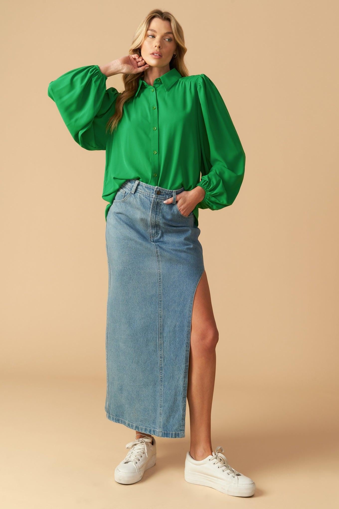 Comfortable Charm Woven Top in green, view 6 — Soul Flow Apparel