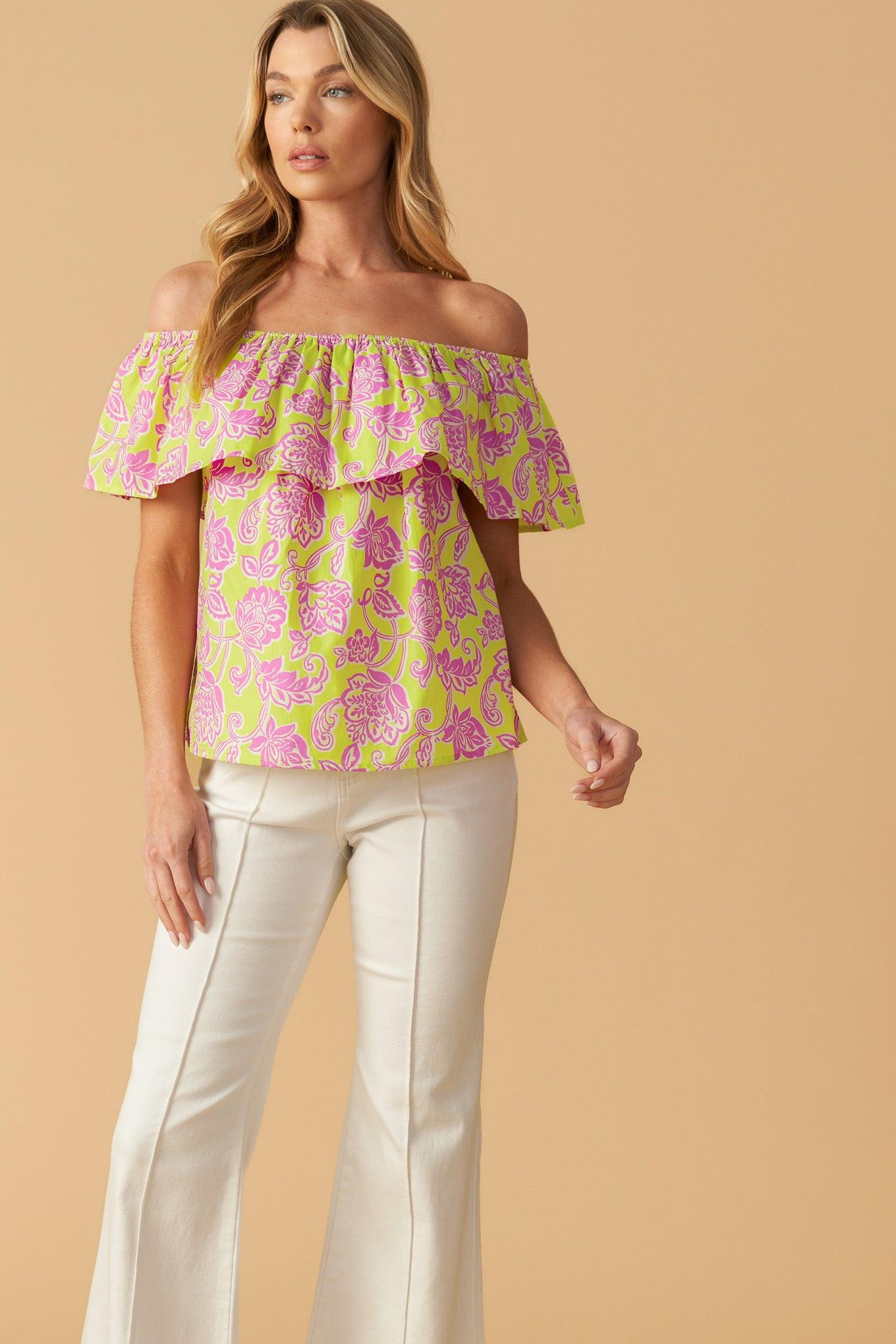 Find Me Under the Palms Woven Top in lime, view 1 — Soul Flow Apparel