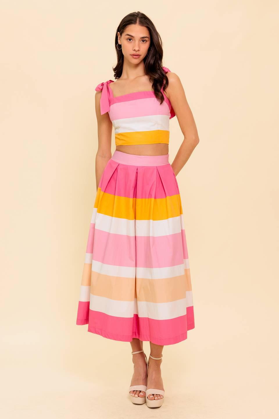 The Space Between Pink Woven Top and Skirt Set in orange, view 1 — Soul Flow Apparel