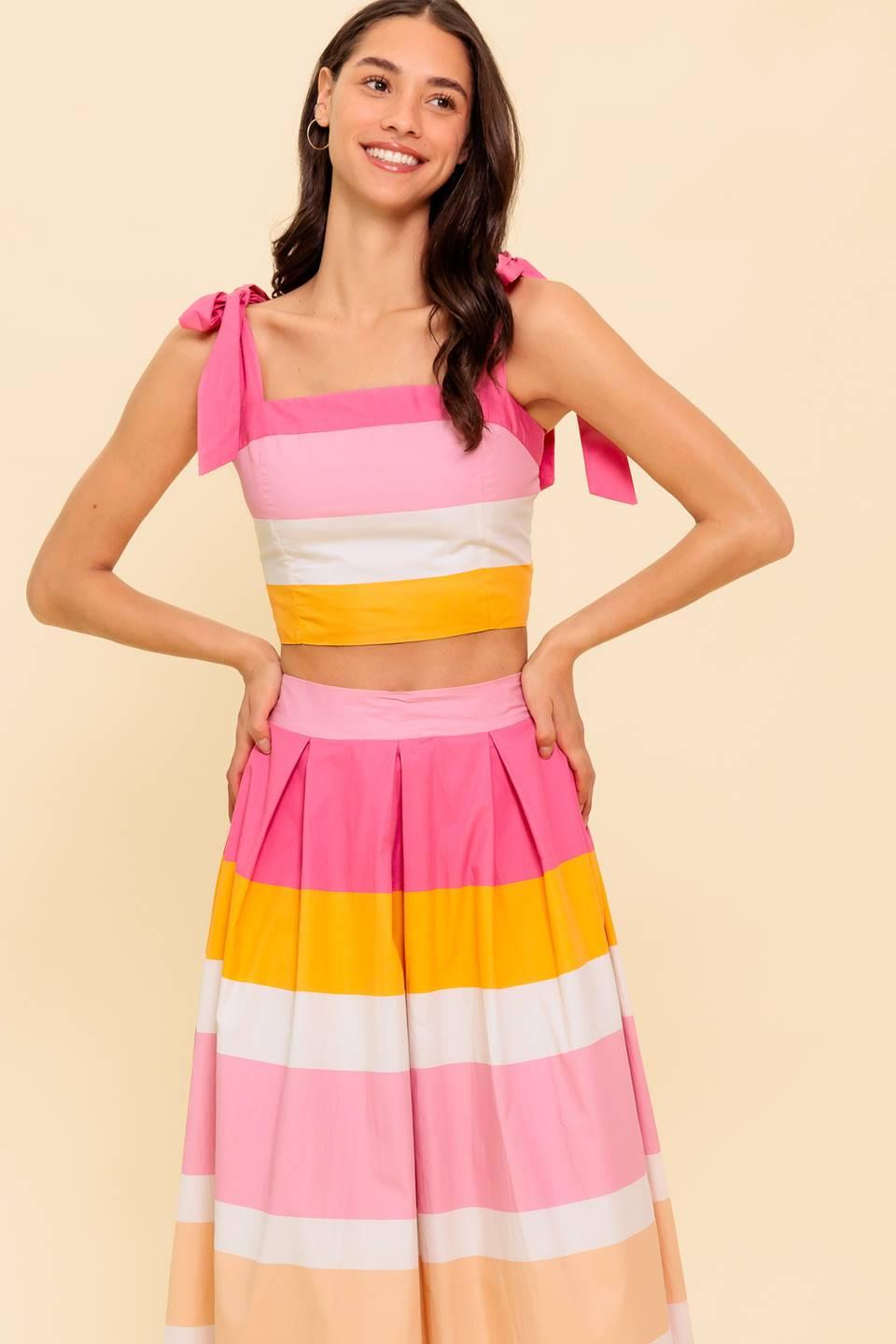 The Space Between Pink Woven Top and Skirt Set in orange, view 2 — Soul Flow Apparel