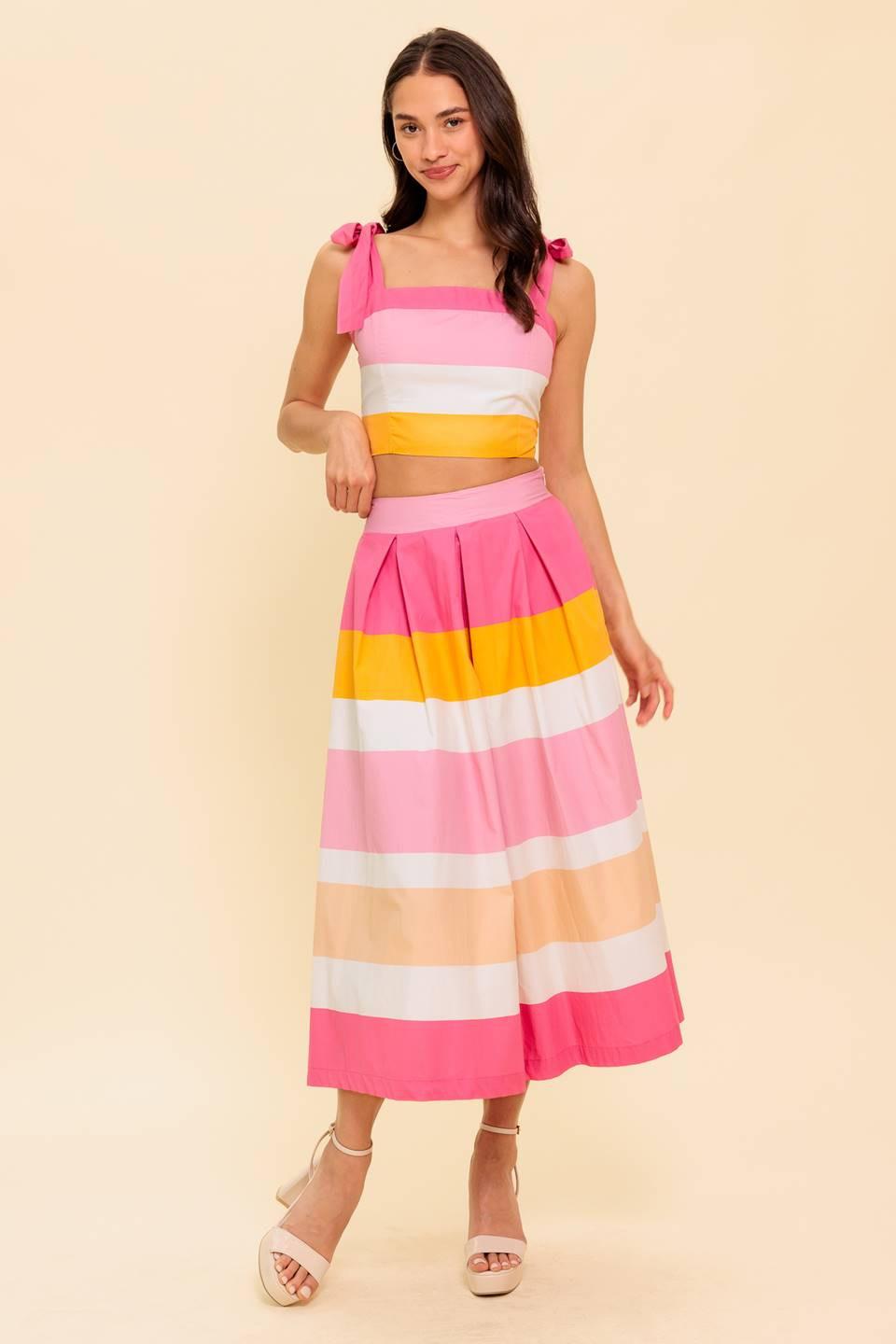 The Space Between Pink Woven Top and Skirt Set in orange, view 3 — Soul Flow Apparel
