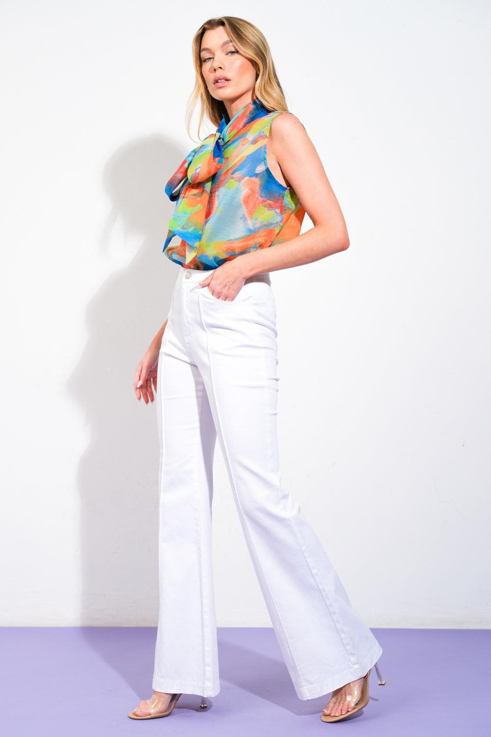 Always Celebrating Woven Top in blue orange, view 3 — Soul Flow Apparel