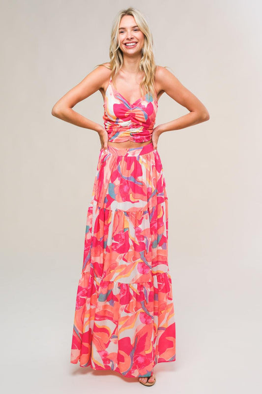 Romantically Speaking Woven Top and Skirt Set in ivory fuchsia, view 1 — Soul Flow Apparel