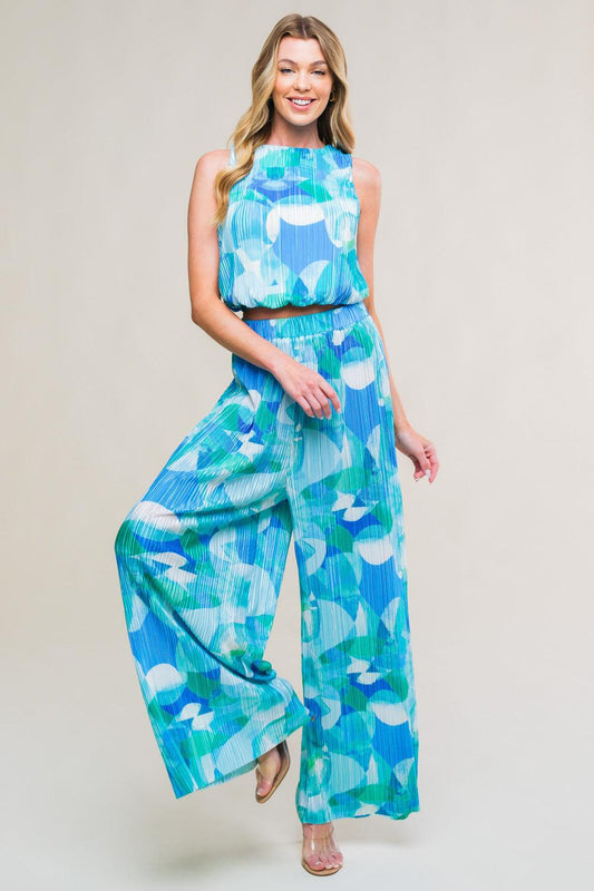 Maritime Muse Woven Plisse Top and Pant Set in blue, view 6 — Soul Flow Apparel