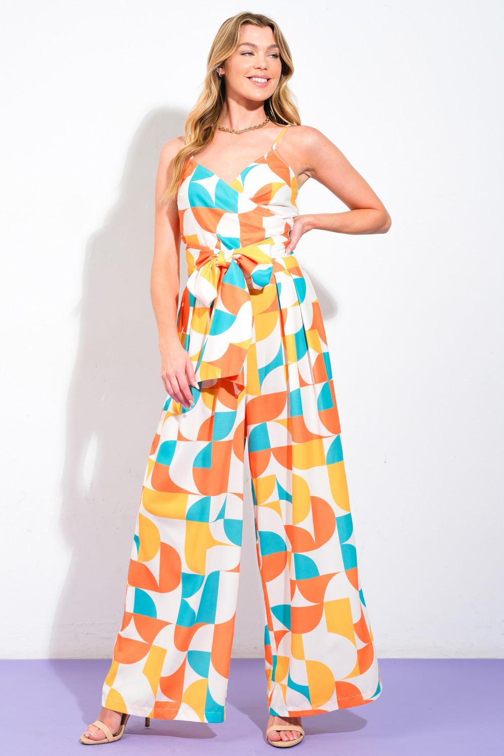 Lush Easy on the Eyes Woven Top and Pants in orange turquoise, view 1 — Soul Flow Apparel