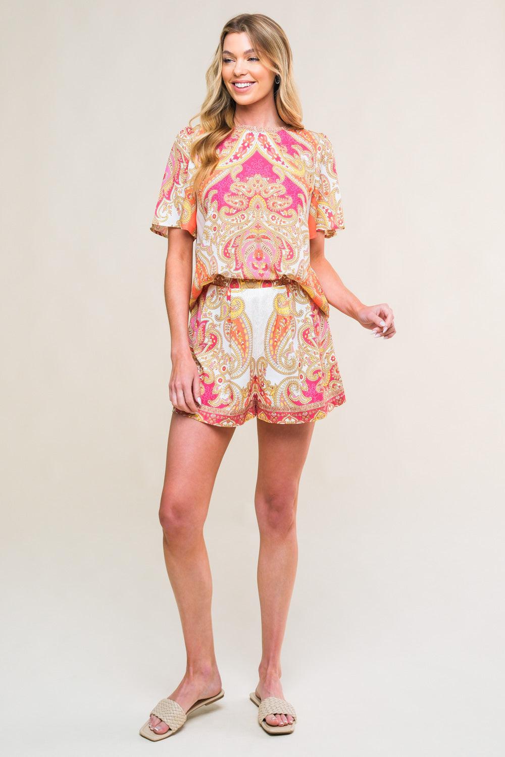 Scarlet Symphony Woven Top and Short Set in fuchsia orange, view 1 — Soul Flow Apparel