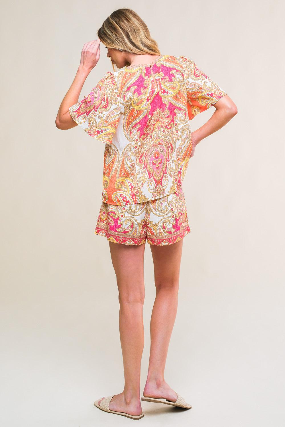 Scarlet Symphony Woven Top and Short Set in fuchsia orange, view 2 — Soul Flow Apparel