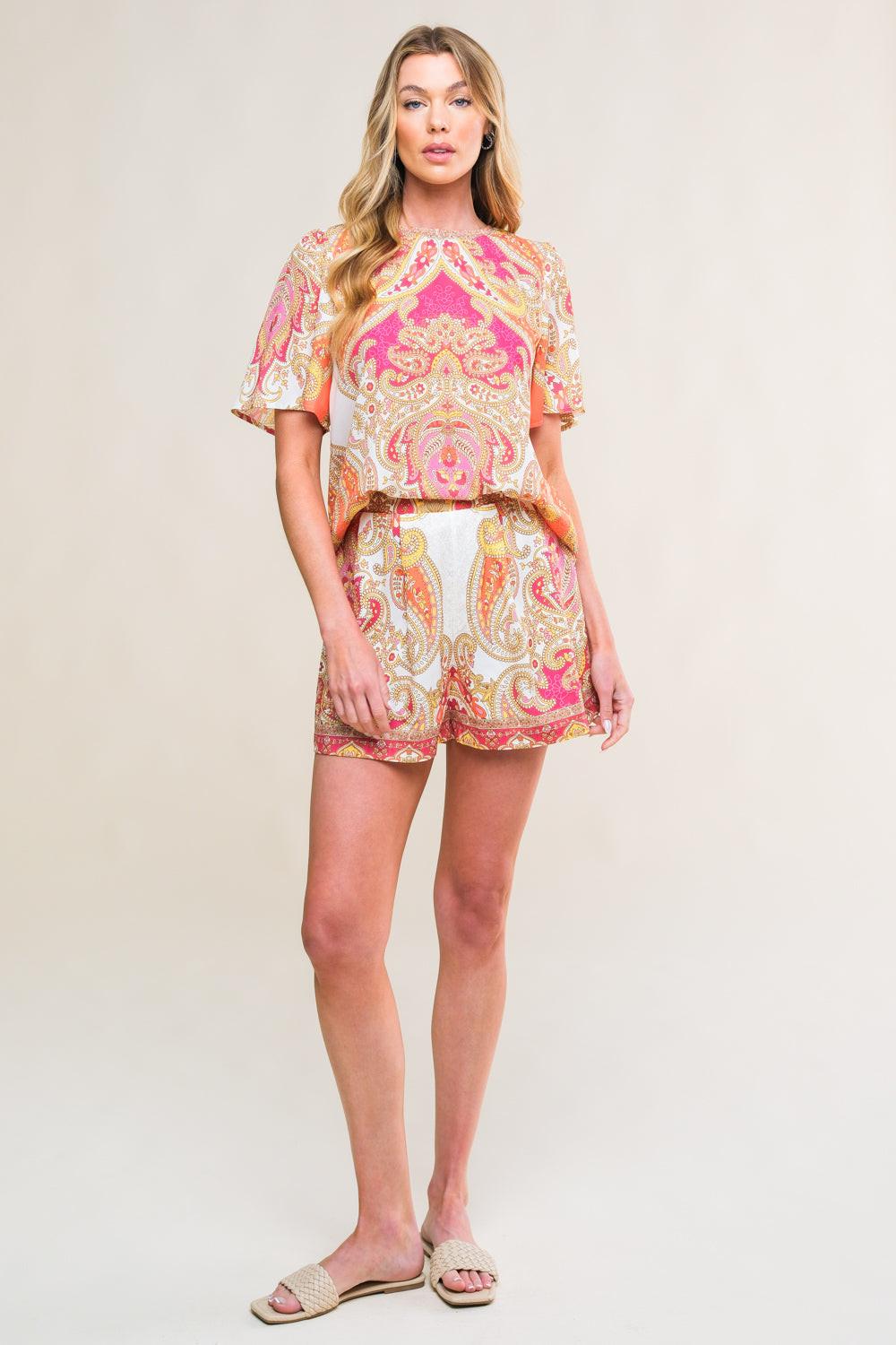 Scarlet Symphony Woven Top and Short Set in fuchsia orange, view 6 — Soul Flow Apparel