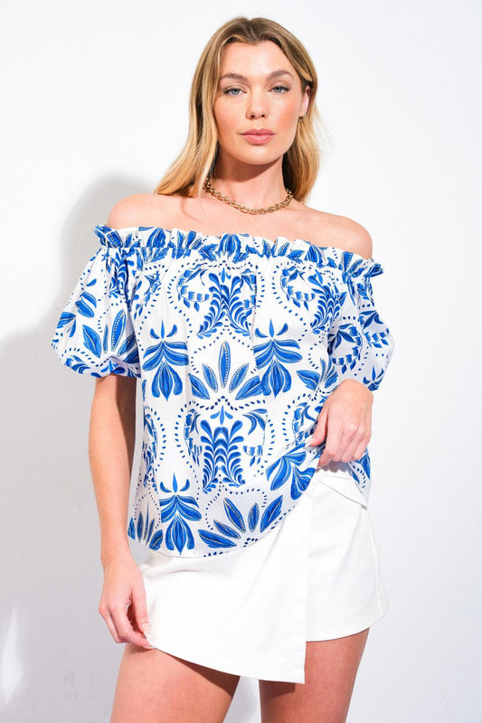 Divide and Contour Woven Top in white blue, view 1 — Soul Flow Apparel