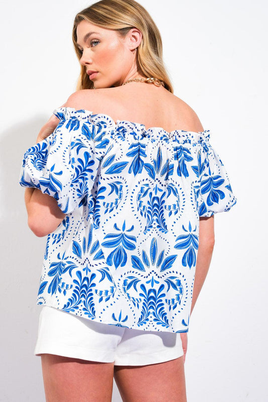 Divide and Contour Woven Top in white blue, view 2 — Soul Flow Apparel