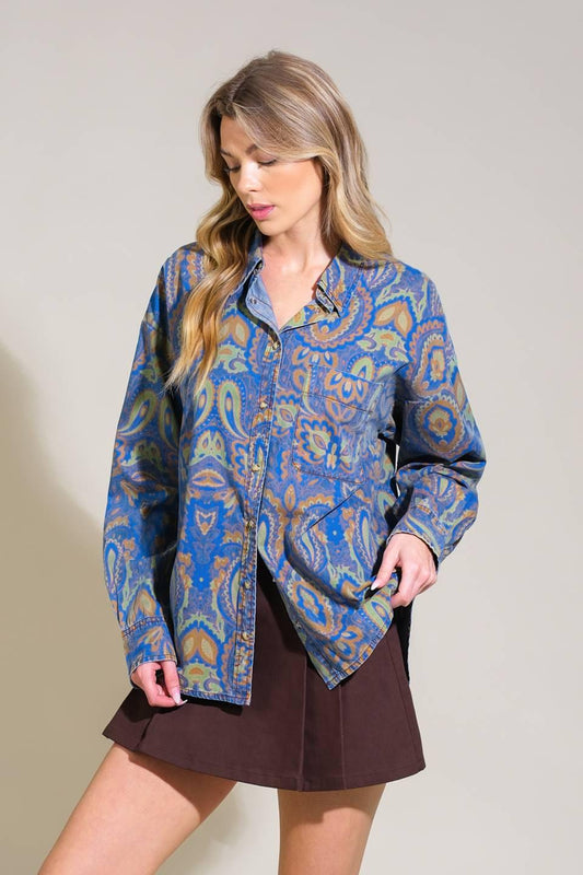 I'm in Charge Woven Top in chambray, view 1 — Soul Flow Apparel