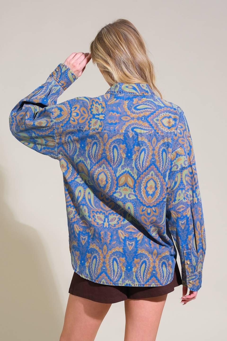 I'm in Charge Woven Top in chambray, view 2 — Soul Flow Apparel