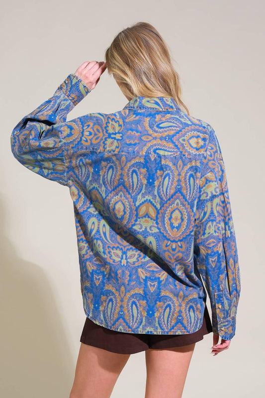 I'm in Charge Woven Top in chambray, view 2 — Soul Flow Apparel