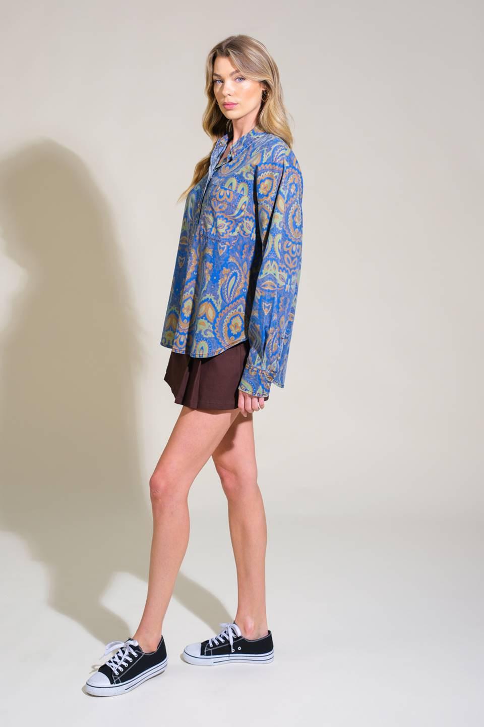 I'm in Charge Woven Top in chambray, view 3 — Soul Flow Apparel