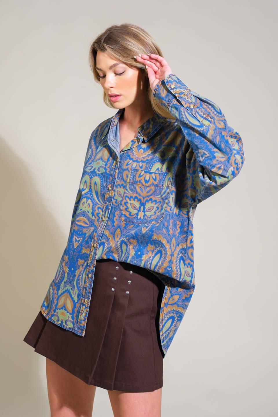 I'm in Charge Woven Top in chambray, view 4 — Soul Flow Apparel