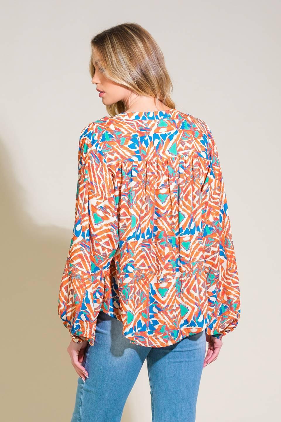 Urban Elegance Woven Top in orange green, view 2 — Soul Flow Apparel