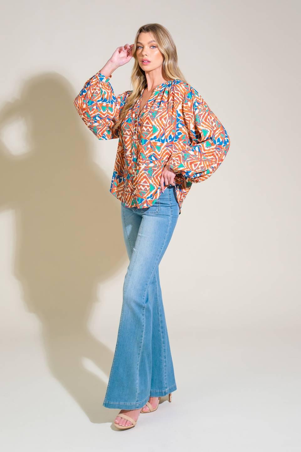 Urban Elegance Woven Top in orange green, view 3 — Soul Flow Apparel